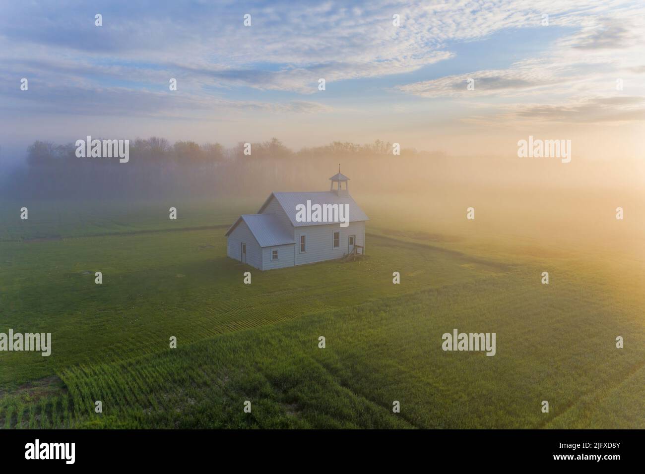 63895-18015 Aerial of Allen School--one room school house in fog at sunrise Marion Co. IL Stock Photo