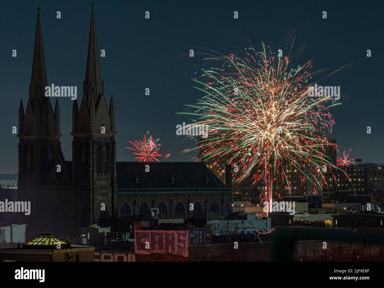 Fireworks in Williamsburg, Brooklyn, New York on the 4th of July. Stock Photo