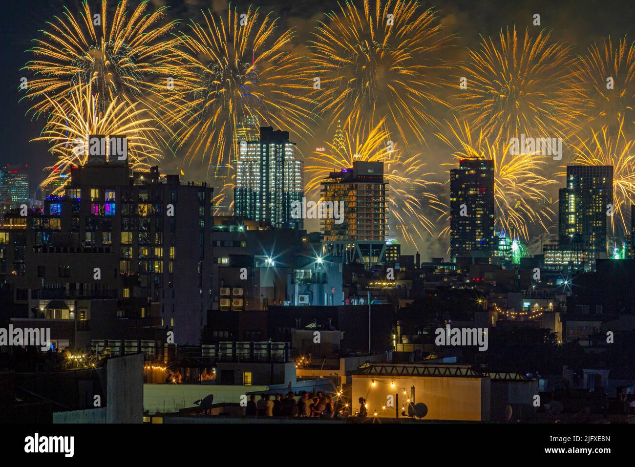 Fireworks in Williamsburg, Brooklyn, New York on the 4th of July Stock