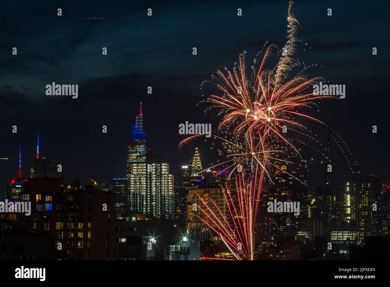 Fireworks in Williamsburg, Brooklyn, New York on the 4th of July Stock