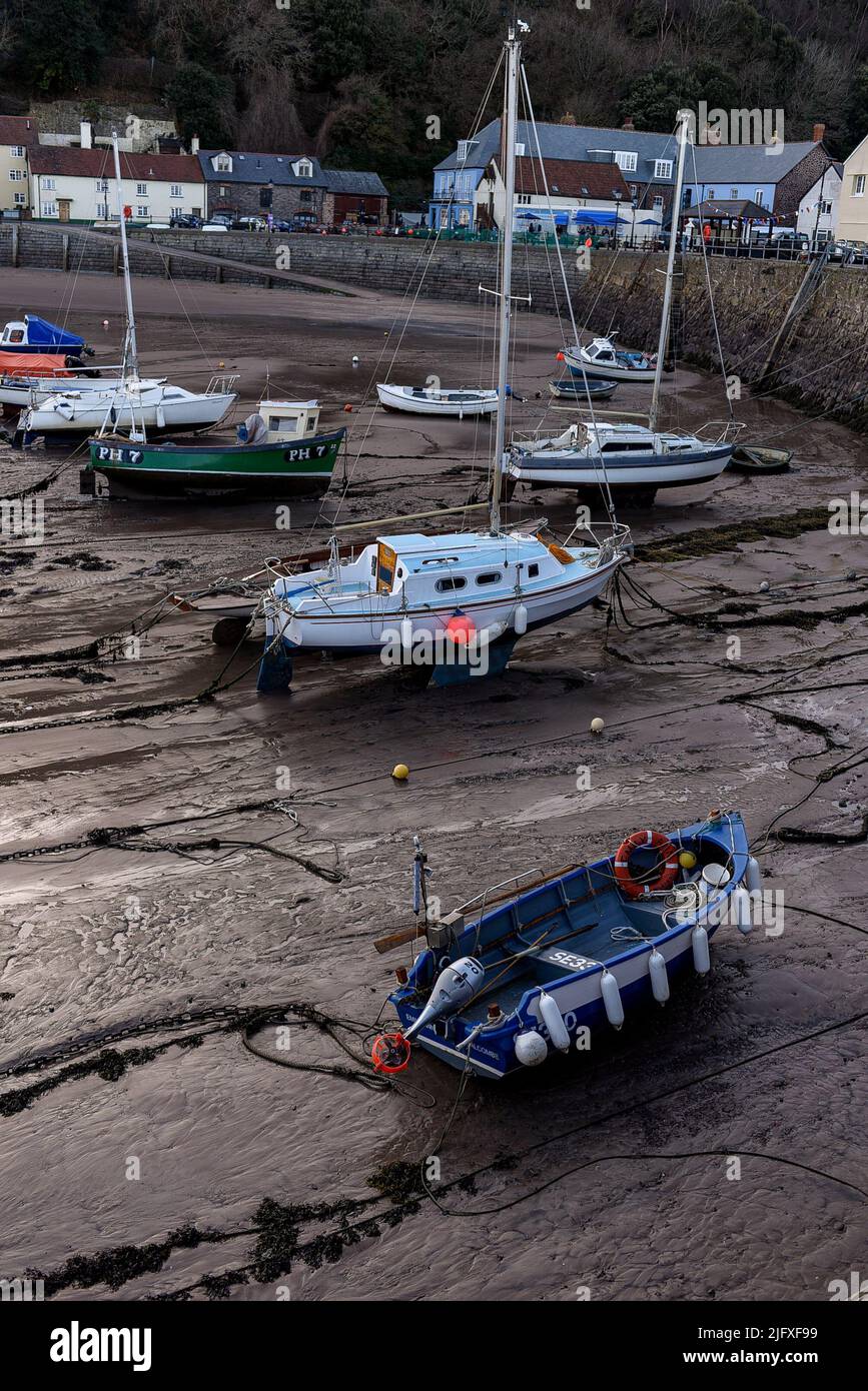 Sailing boats stuck in low tied in harbour Minehead, uk Stock Photo Alamy