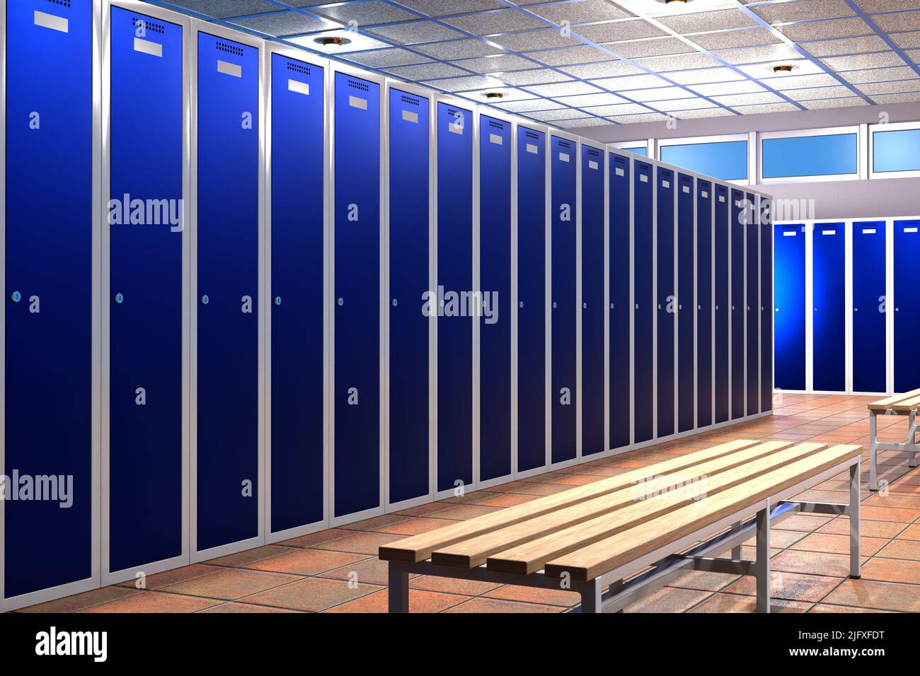 Locker room with blue lockers. 3D Render Stock Photo