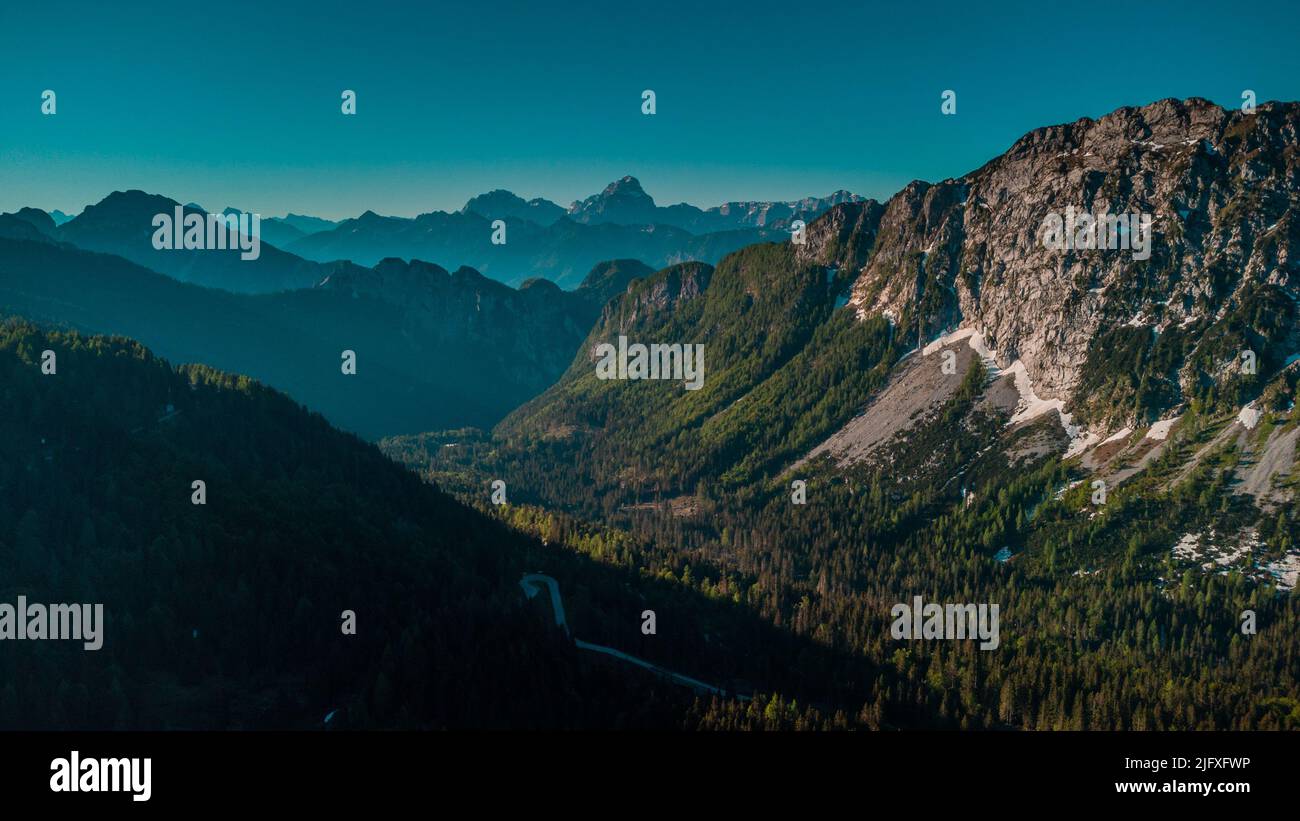 Drone view of Early morning valley of Pontebba , just close to Nassfeld in Austria. Beautiful mountain lake in clean nature. Stock Photo