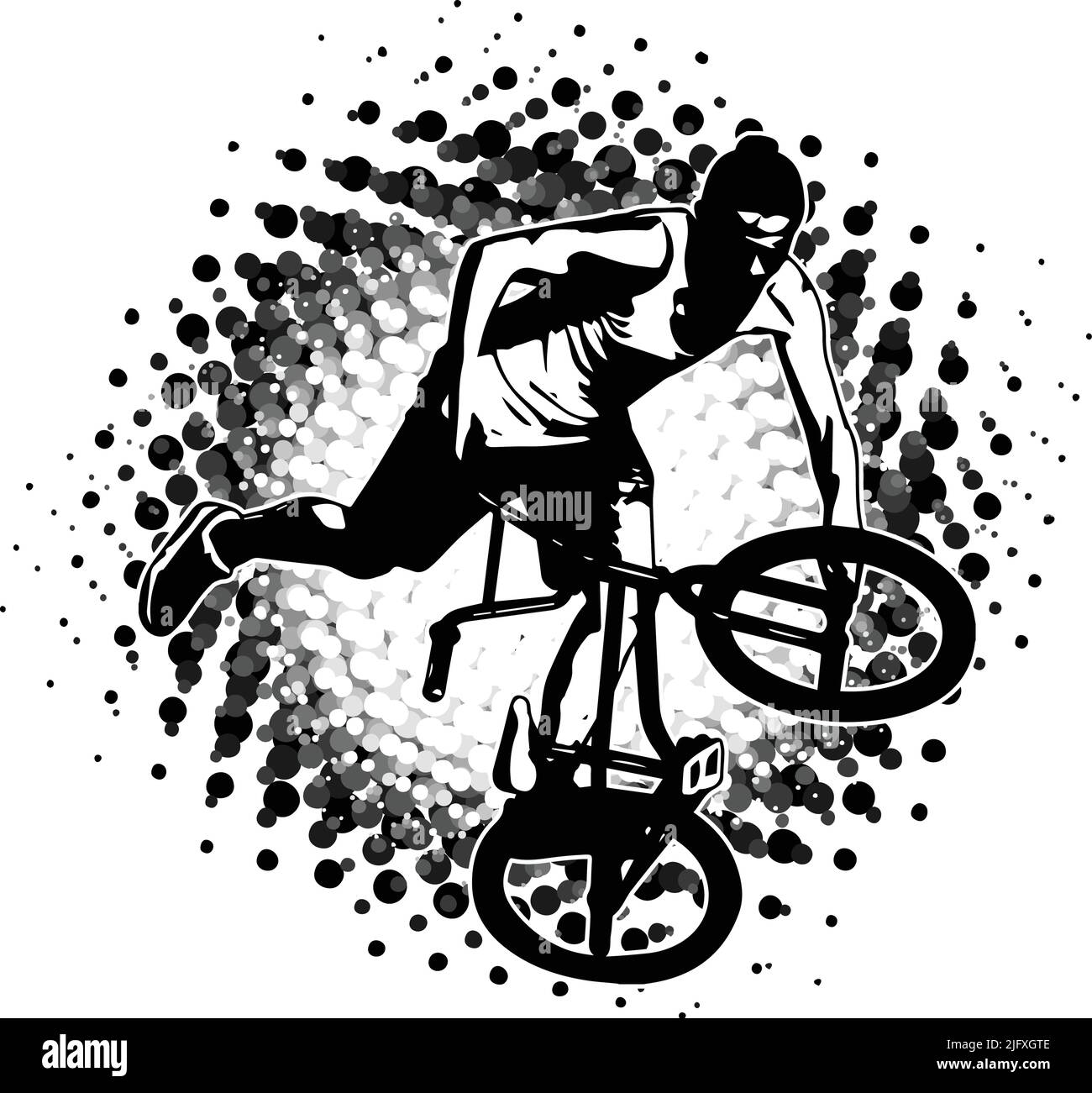 BMX stunt bicyclists silhouette over halftone splash background - vector artwork Stock Vector