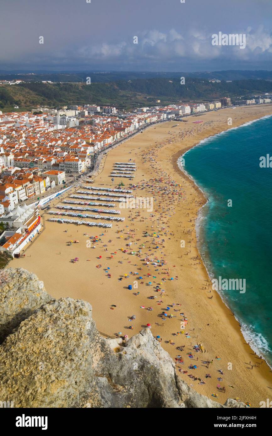 High-angle view of the town of Nazare and beach, Estremadura, Portugal, Europe. Stock Photo