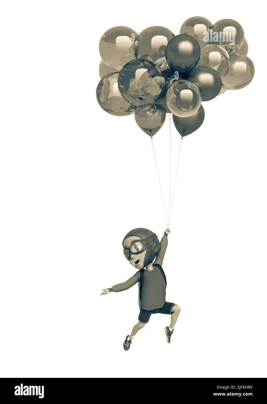 little boy cartoon on floating balloon in a white background. This explorer guy in clipping path is very useful for graphic design creations, 3d illus Stock Photo