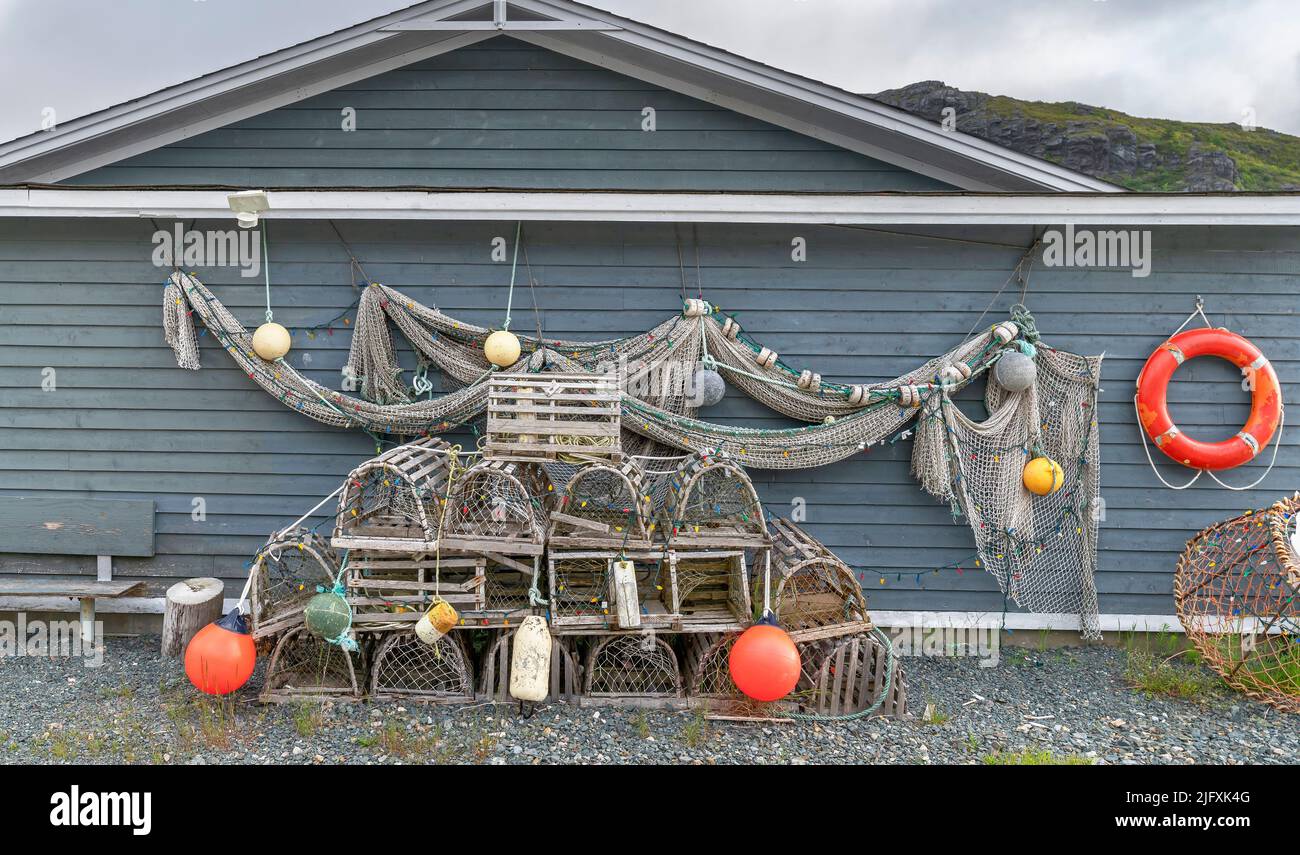 A display of fishing gear on the dock at Petty Harbour, Newfoundland Stock Photo Alamy
