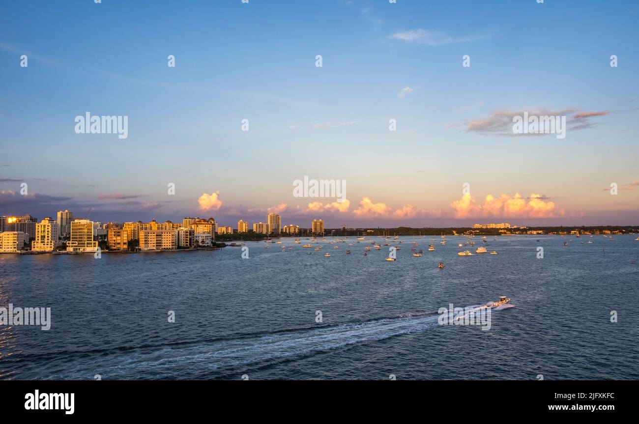 City of Sarasota across Sarasota  Bay in late afternoon light in Florida USA Stock Photo