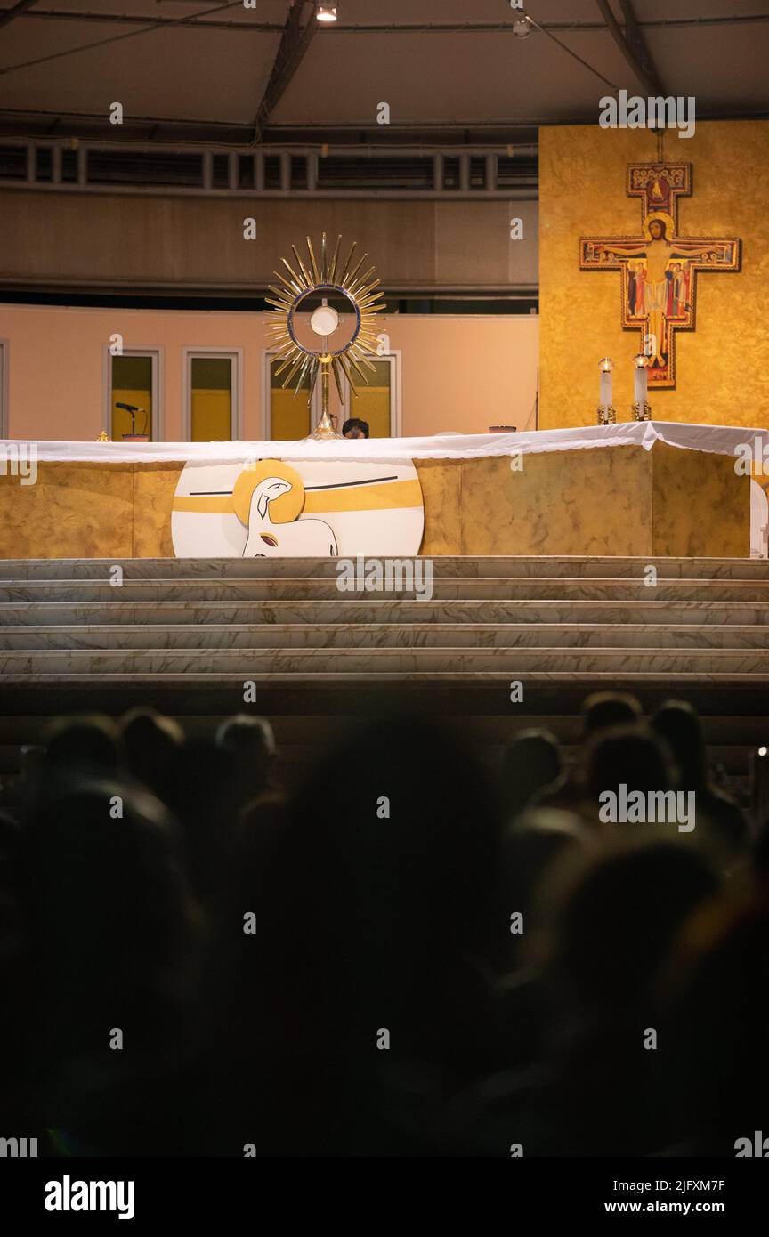 Adoration of Jesus Christ present in the Blessed Sacrament after the evening Holy Mass in Medjugorje, Bosnia and Herzegovina. Stock Photo