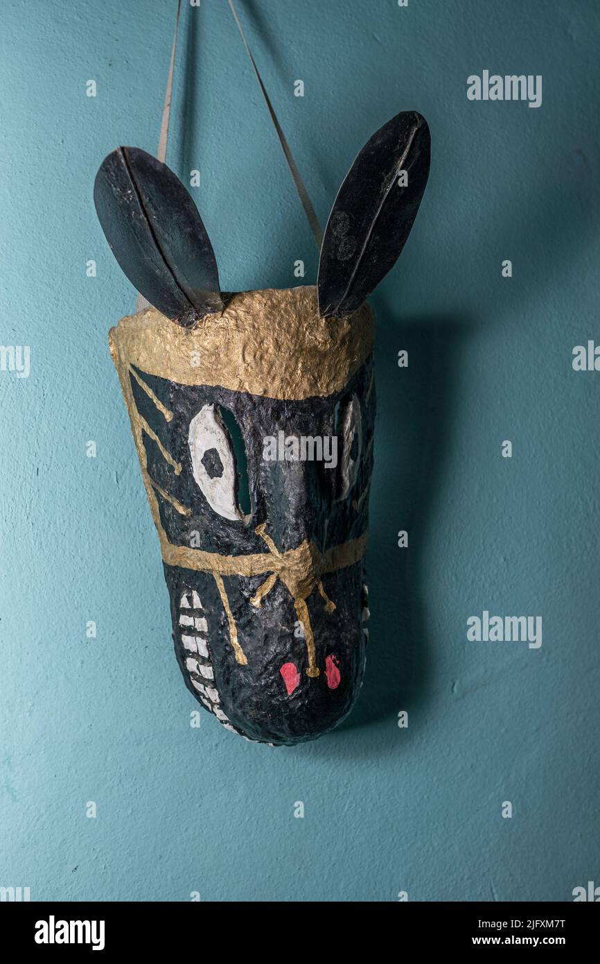 Macho Raton paper mache mask hanging on a wall in Nicaragua, used in the El Güegüense, a satirical drama performed in Diriamba, NI Stock Photo