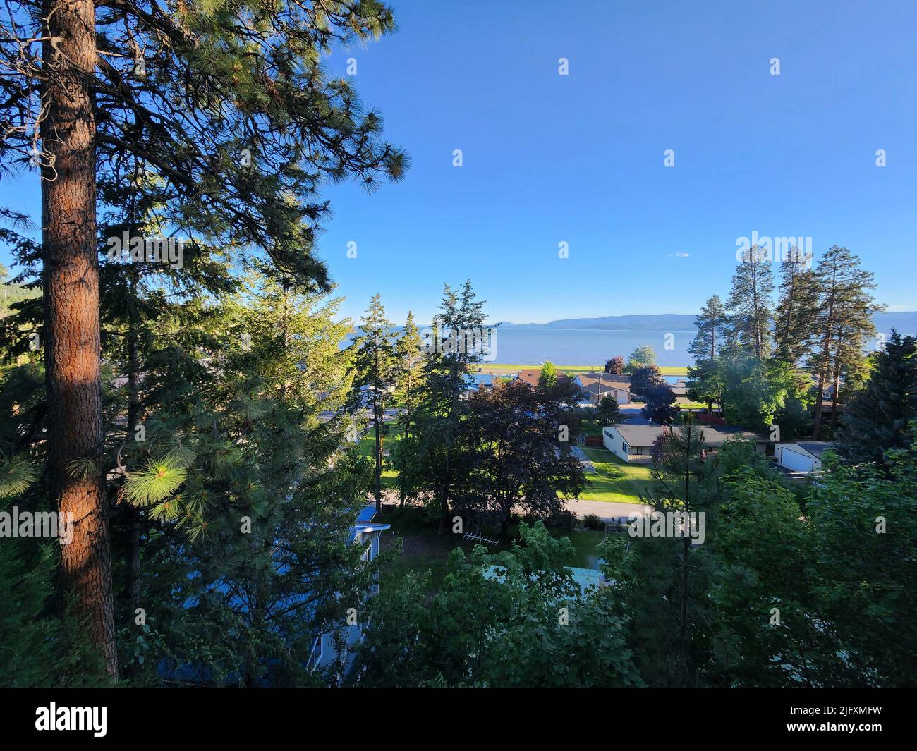 View of Flathead Lake from Bigfork in Flathead County, Montana Stock