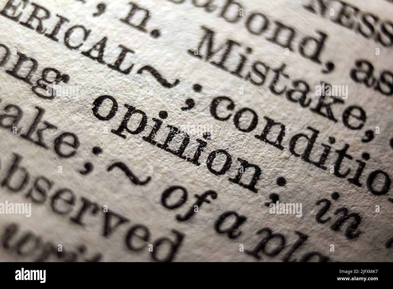 Word 'opinion' printed on dictionary page, macro close-up Stock Photo