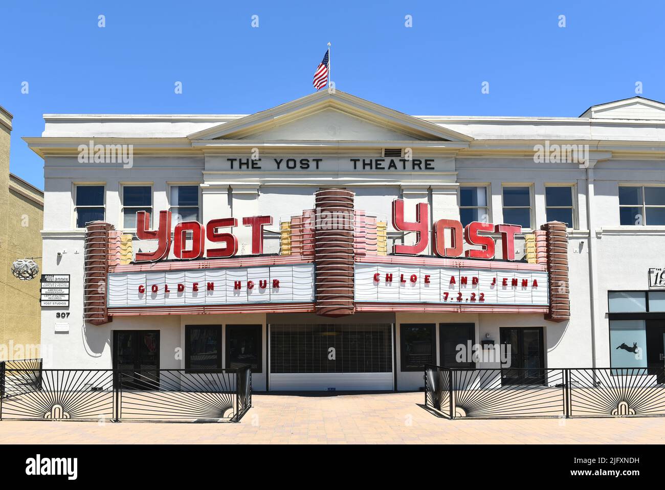 SANTA ANA, CALIFORNIA - 4 JUL 2022: The historic Yost Theatre, the oldest theater in Orange County, in Plaza de Santa Ana. Stock Photo