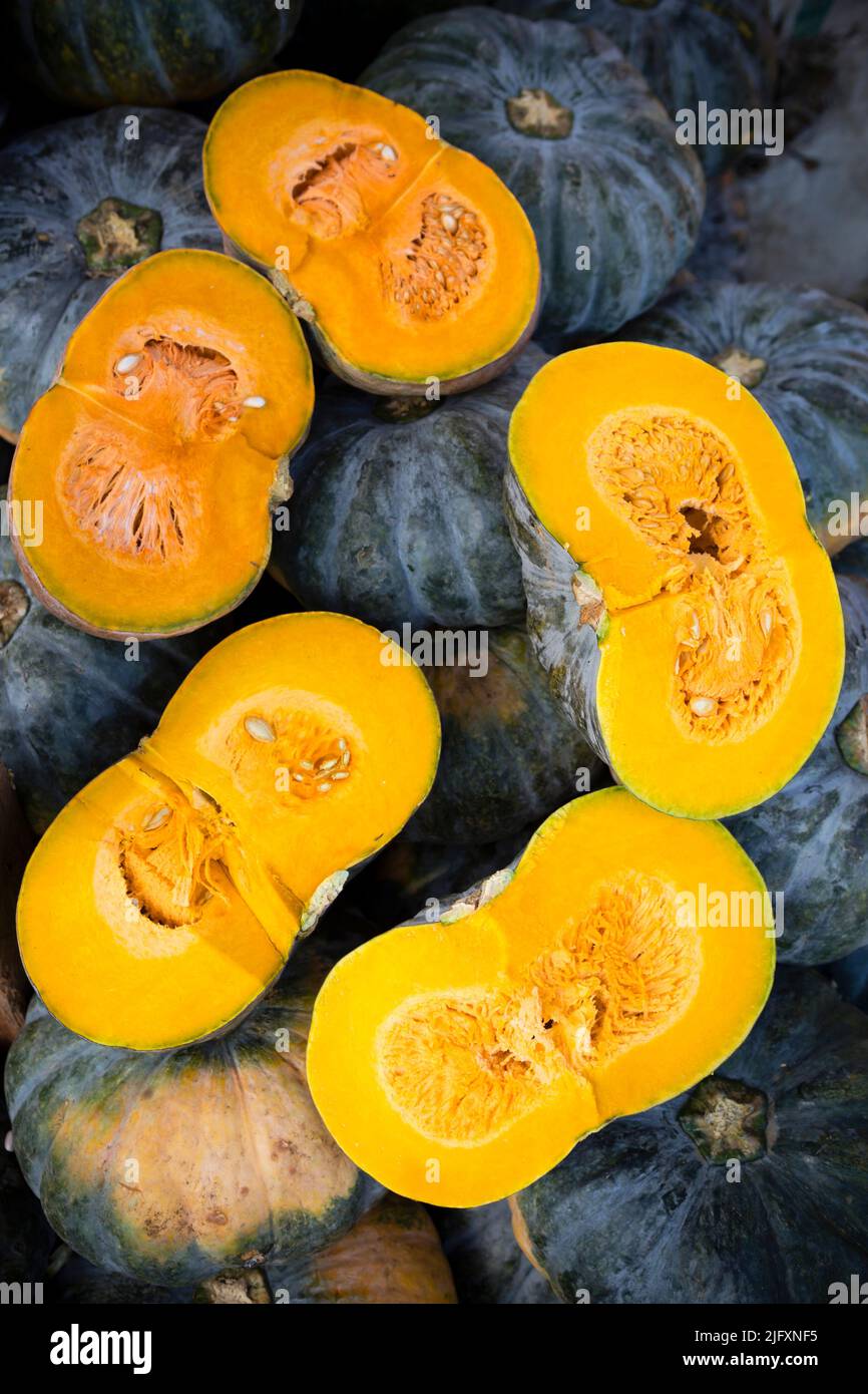 Display of organic squash in a farmer's market located in Carbon Market in Cebu City, Philippines. Stock Photo