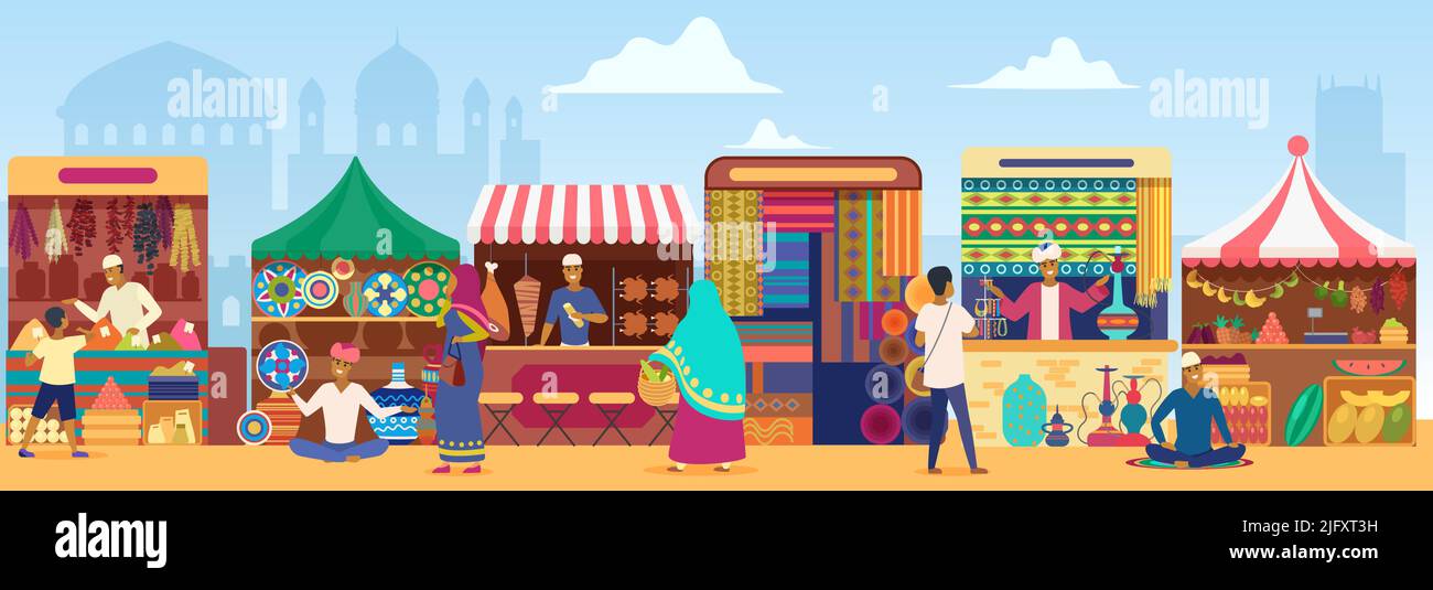 Asian outdoor street market with local people, tourists vector illustration. Cartoon bazaar marketplace with stall kiosks selling traditional pottery, spices and kebab meat, food and hookah background Stock Vector