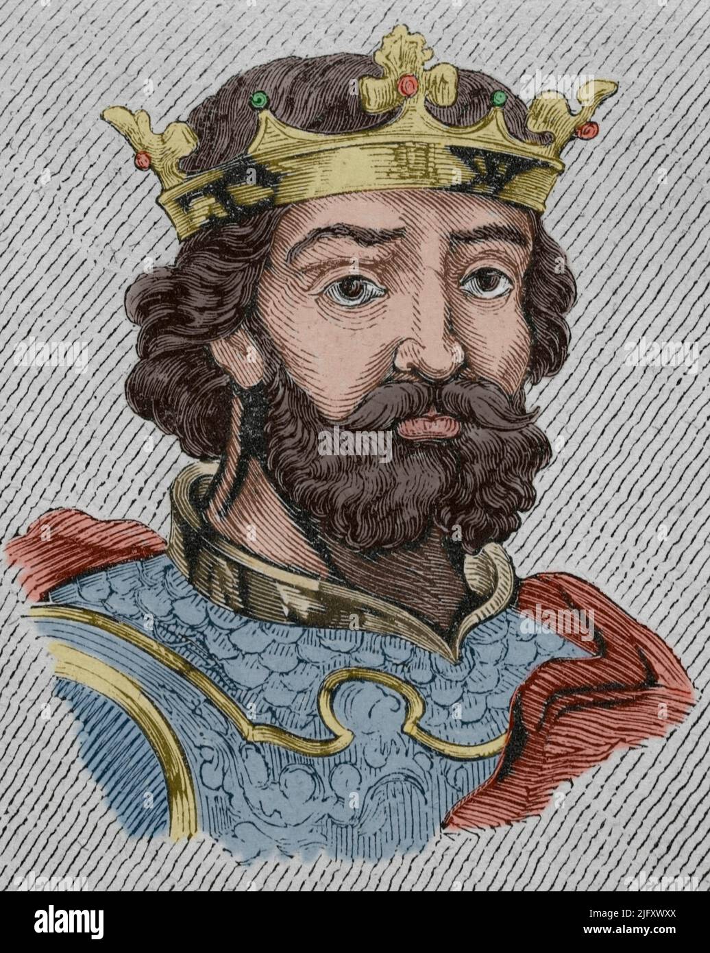Aurelius of Asturias (c. 740-774). King of Asturias (768-774). Portrait. Engraving. Later colouration. Las Glorias Nacionales. Volume II, Madrid-Barcelona edition, 1853. Stock Photo