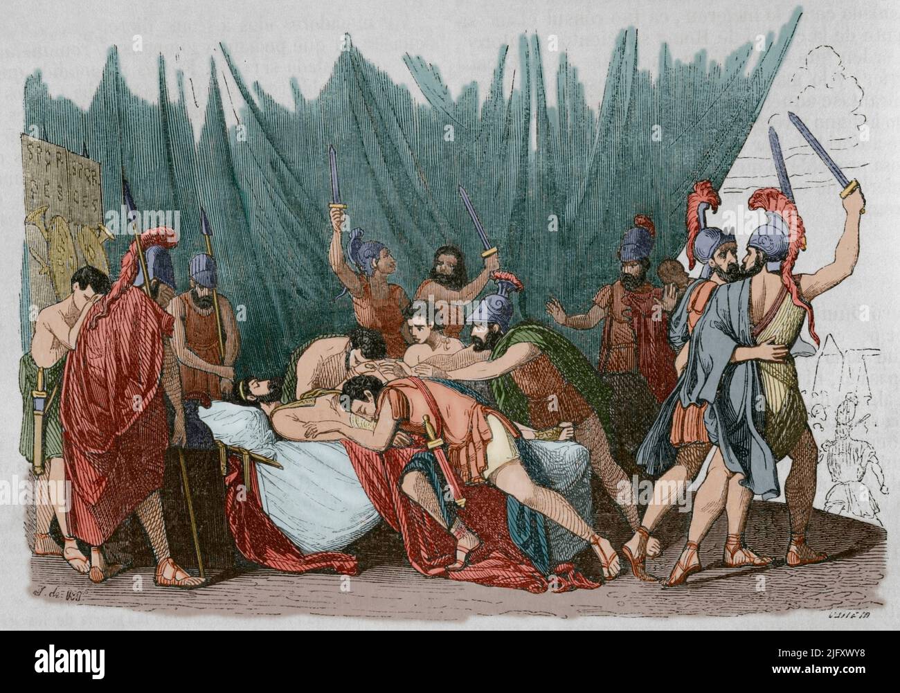 Viriathus (d. 139 BC). Leader of the Lusitanian people who fought against Roman expansion in Hispania in the mid-2nd century BC. Death of Viriathus. Engraving by Vallejo. Later colouration. Historia General de España by Father Mariana. Madrid, 1852. Author: Spanish artist. José Vallejo (1821-1882). Stock Photo