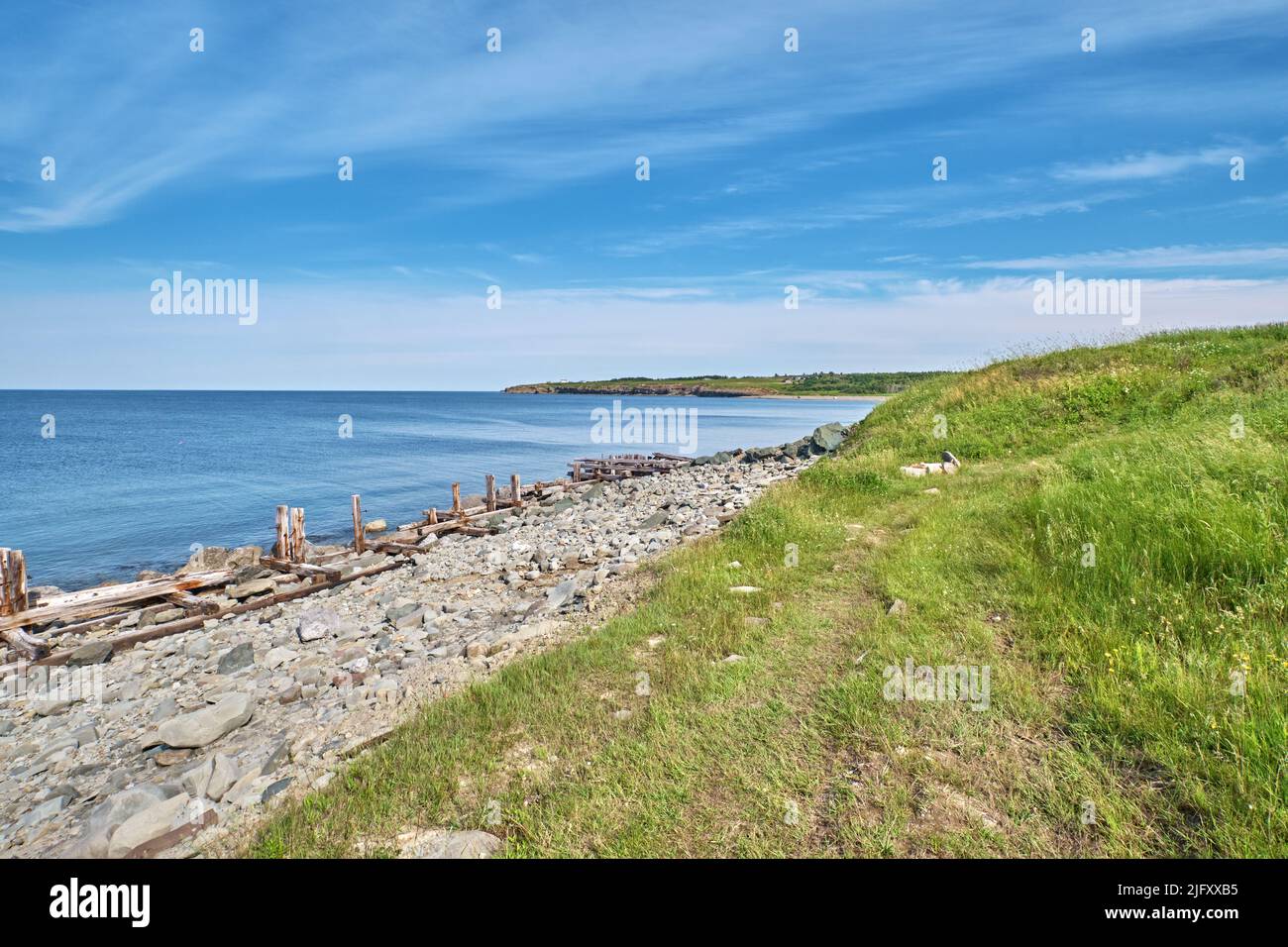 View of the shoreline near the Low Point Lighthouse in New Victoria Cape Breton Island Nova Scotia. Stock Photo