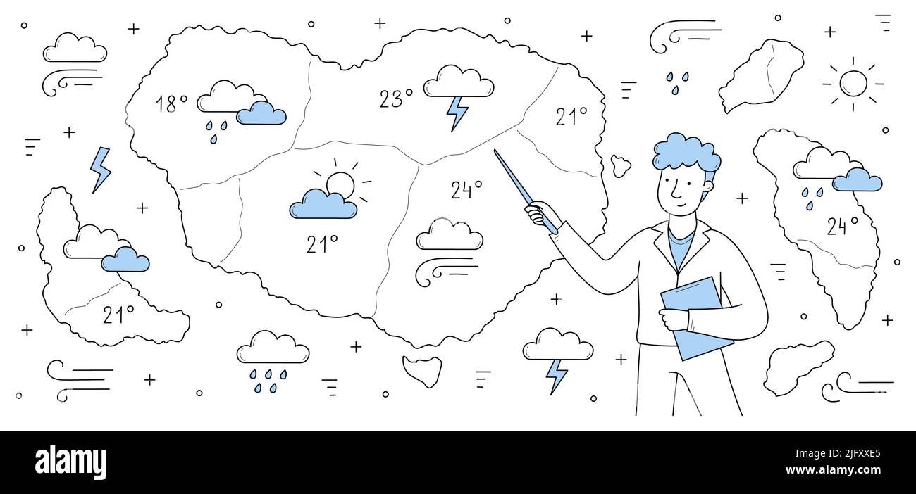 Meteorological report, weather forecast doodle concept. Tv presenter male character stand at screen with meteorology map. Anchorman presenting monitor with information, line art vector illustration Stock Vector