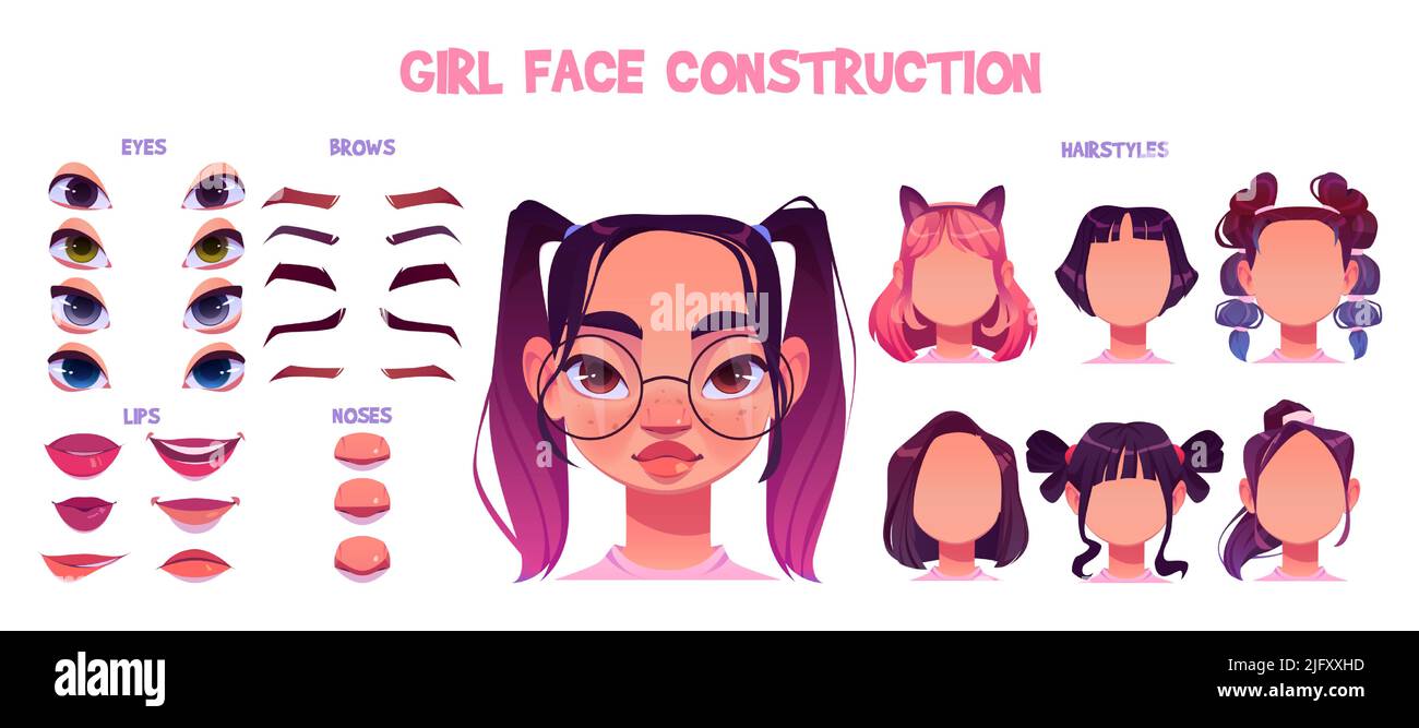 Girl face construction, child avatar creation with head parts isolated