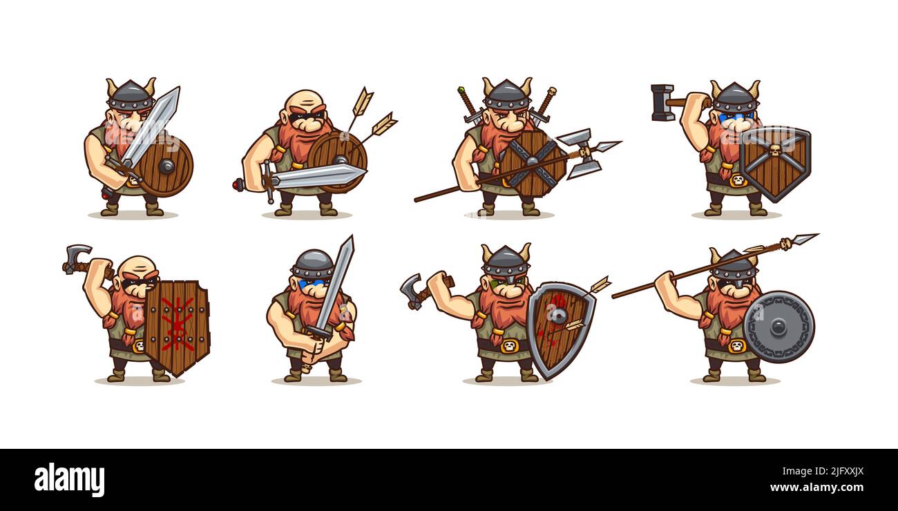 Viking with different medieval weapon and armor. Vector cartoon set of ...