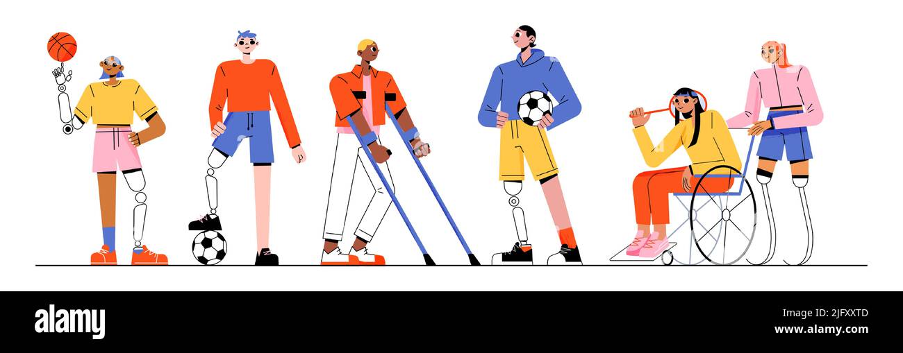 Sport people, paralympic athletes with different disabilities. Vector flat illustration of diverse active characters with prosthesis and in wheelchair with tennis racket, basketball and soccer balls Stock Vector