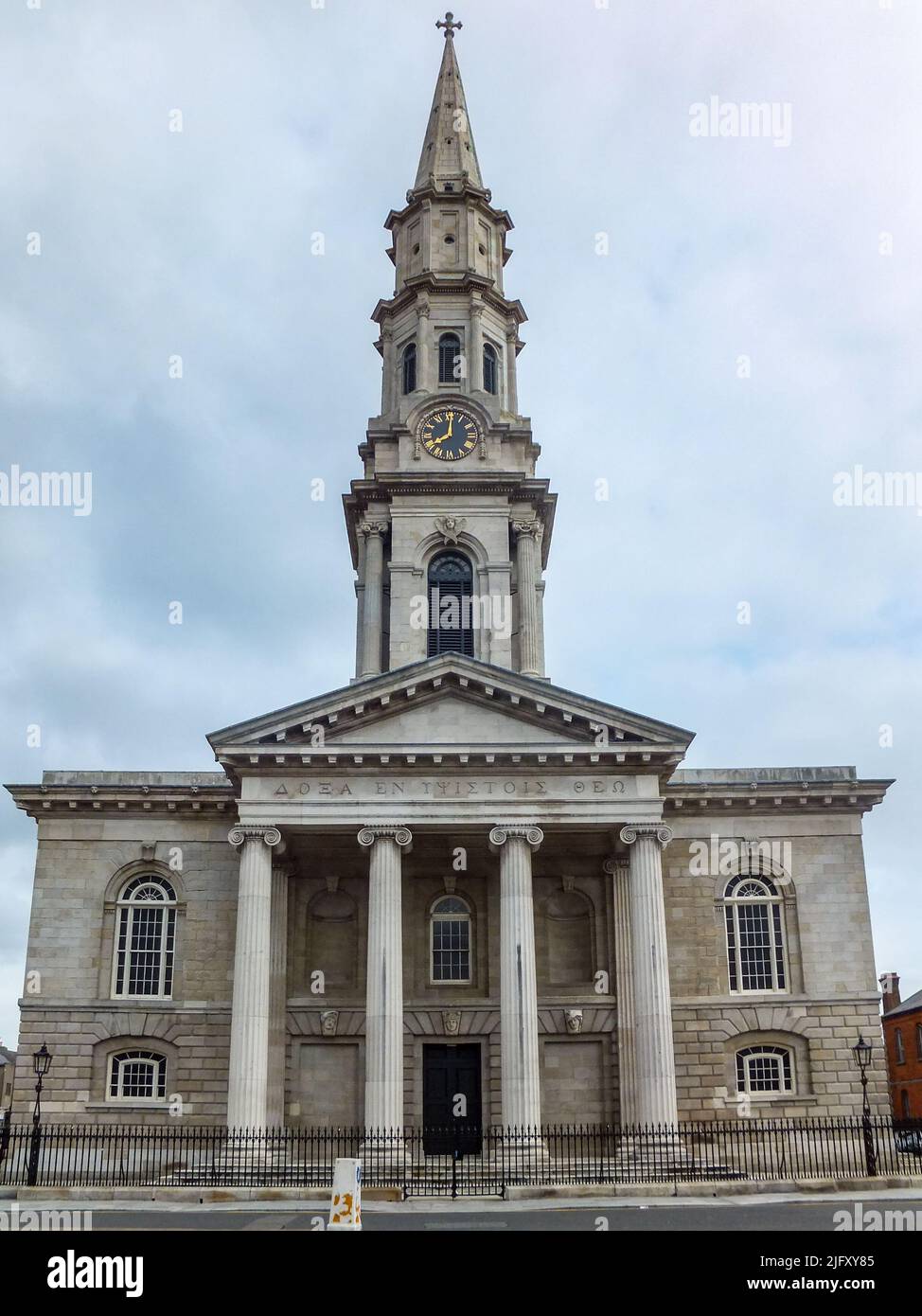 The historic 1814 St. George's Church and its towering steeple in Dublin, Ireland. Stock Photo