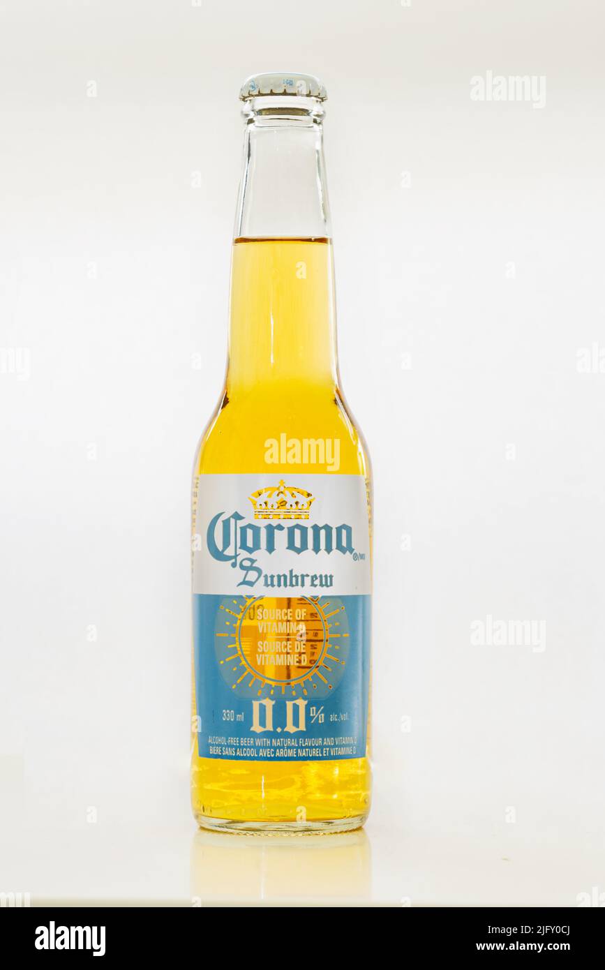 Calgary, Alberta, Canada. Jul 5, 2022. A bottle of Corona Sunbrew NonAlcoholic Beer 330ml Stock