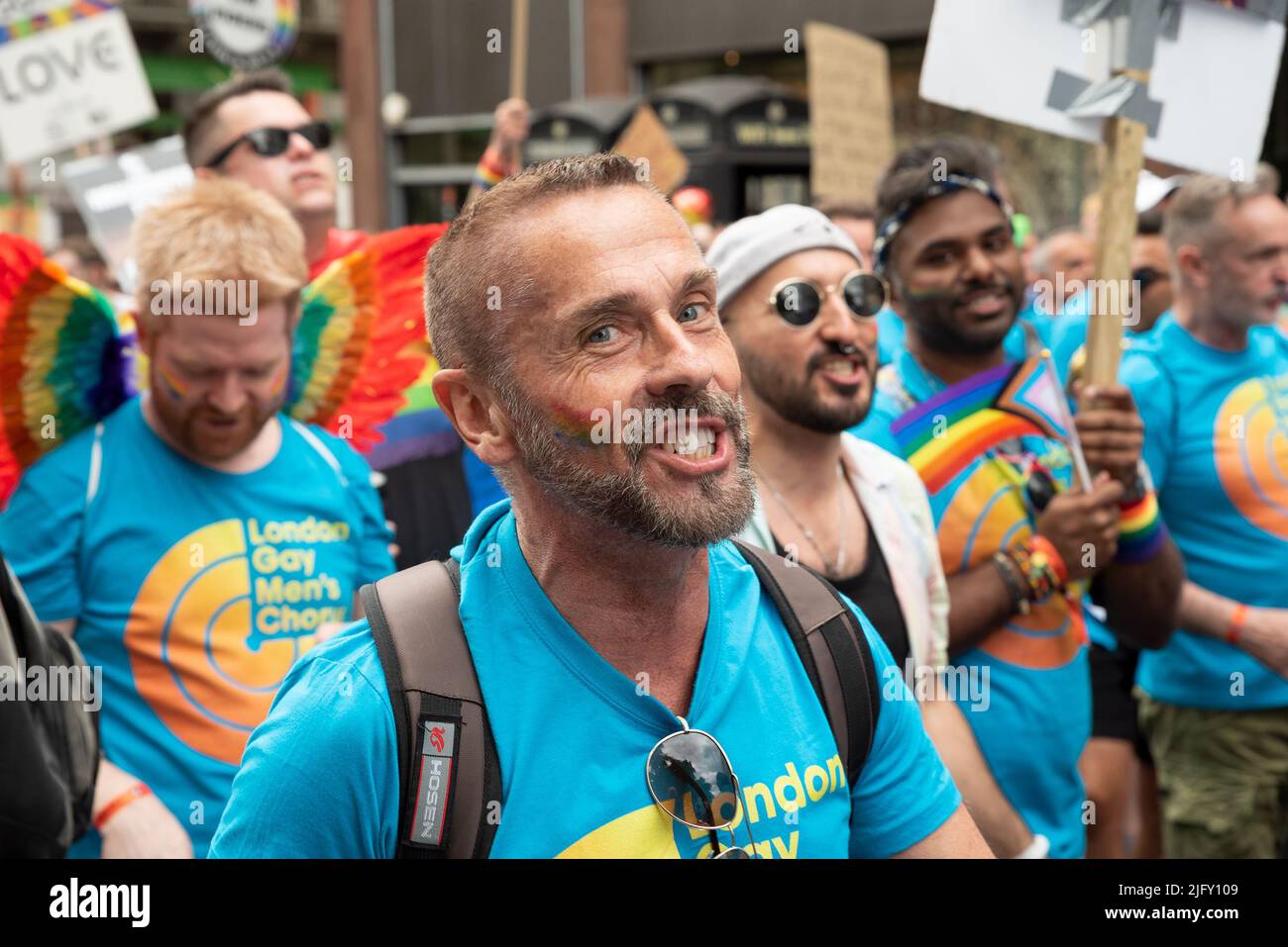 Piccadilly, London, UK. 2nd July 2022. London Pride March 2022. Celebrating 50 Years of Pride in the UK and following the same central London route taken in 1972. London Gay Mens Choir marching and singing. Credit: Stephen Bell/Alamy Stock Photo