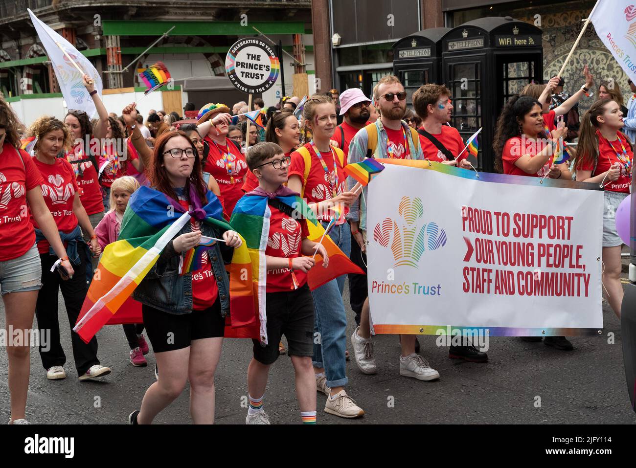 Piccadilly, London, UK. 2nd July 2022. London Pride March 2022. Celebrating 50 Years of Pride in the UK and following the same central London route taken in 1972. Princes Trust London Pride banner. Credit: Stephen Bell/Alamy Stock Photo