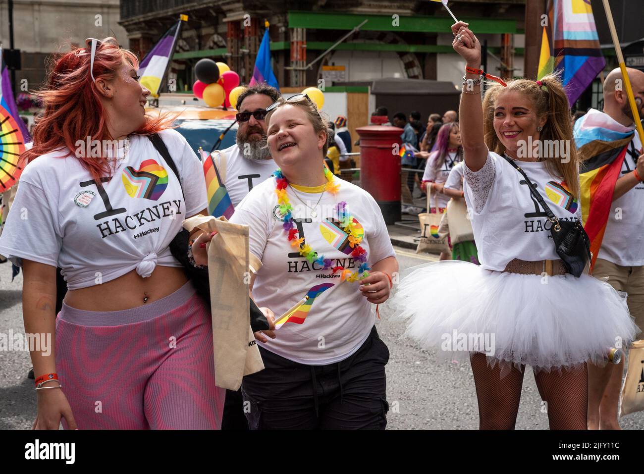 Piccadilly, London, UK. 2nd July 2022. London Pride March 2022. Celebrating 50 Years of Pride in the UK and following the same central London route taken in 1972. Hackney Pride marchers. Credit: Stephen Bell/Alamy Stock Photo