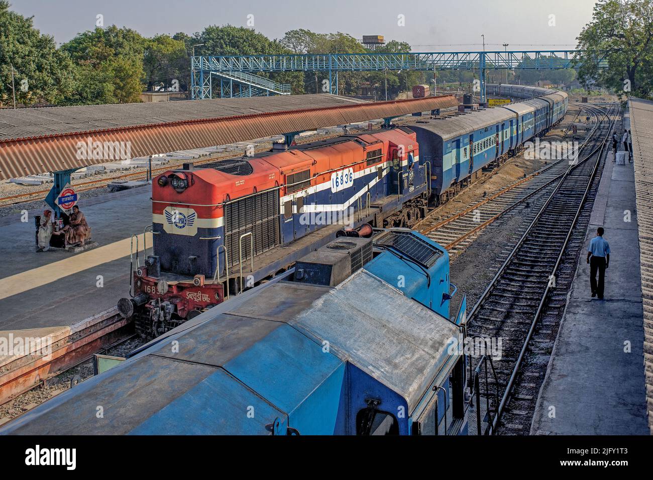01 07 2009 Transport Railways Diesel lokomotive Train at Rajkot Railway Station Saurashtra Gujarat INDIA Stock Photo