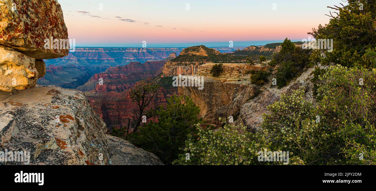 Sunset Across The Canyon From Bright Angel Point, North Rim, Grand Canyon National Park, Arizona, USA Stock Photo