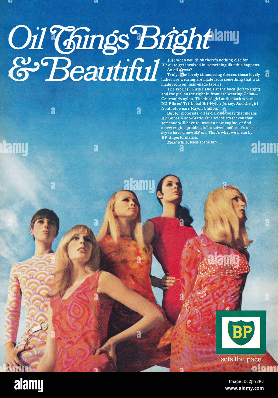 1967 British advertisement for BP oil and its use in man-made fabrics. Stock Photo