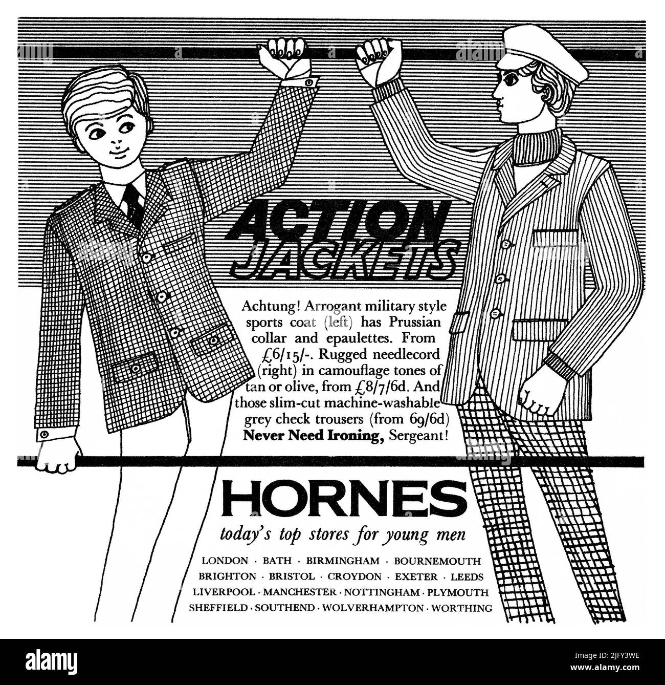 1967 British advertisement for Hornes fashion clothing for men. Stock Photo
