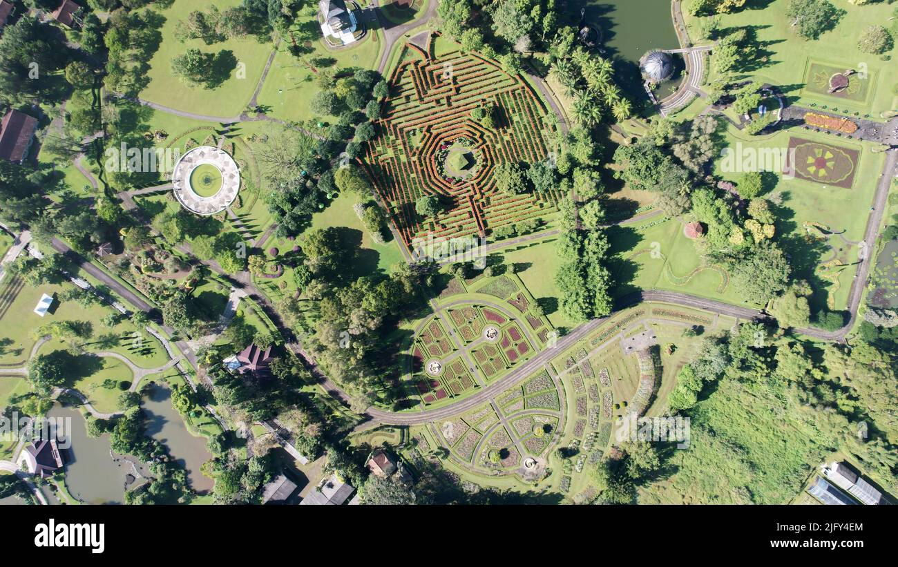 Aerial view of The Taman Bunga Nusantara or Flower Garden Nusantara, a