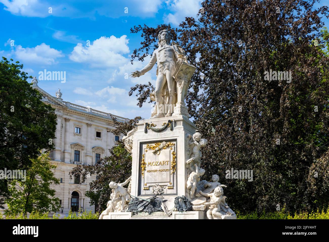 Austria, Vienna, June 10, 2022: Mozart monument located in the Burggarten of Vienna historic city centre Stock Photo