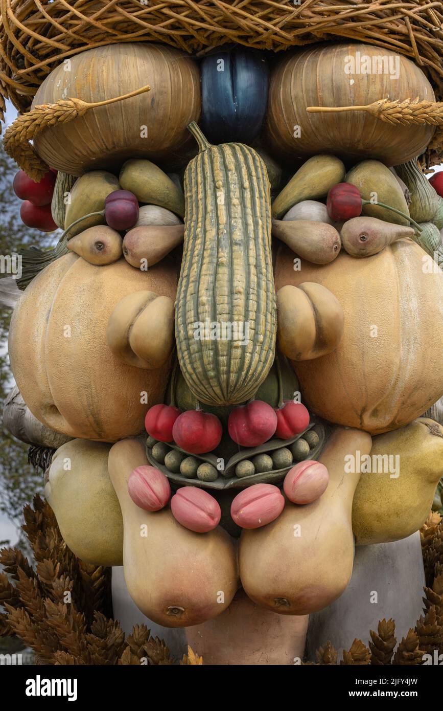 Closeup of sculpture of seasonal vegetables at RHS Royal horticultural society garden Harlow Carr from American artist Philip Haas Stock Photo