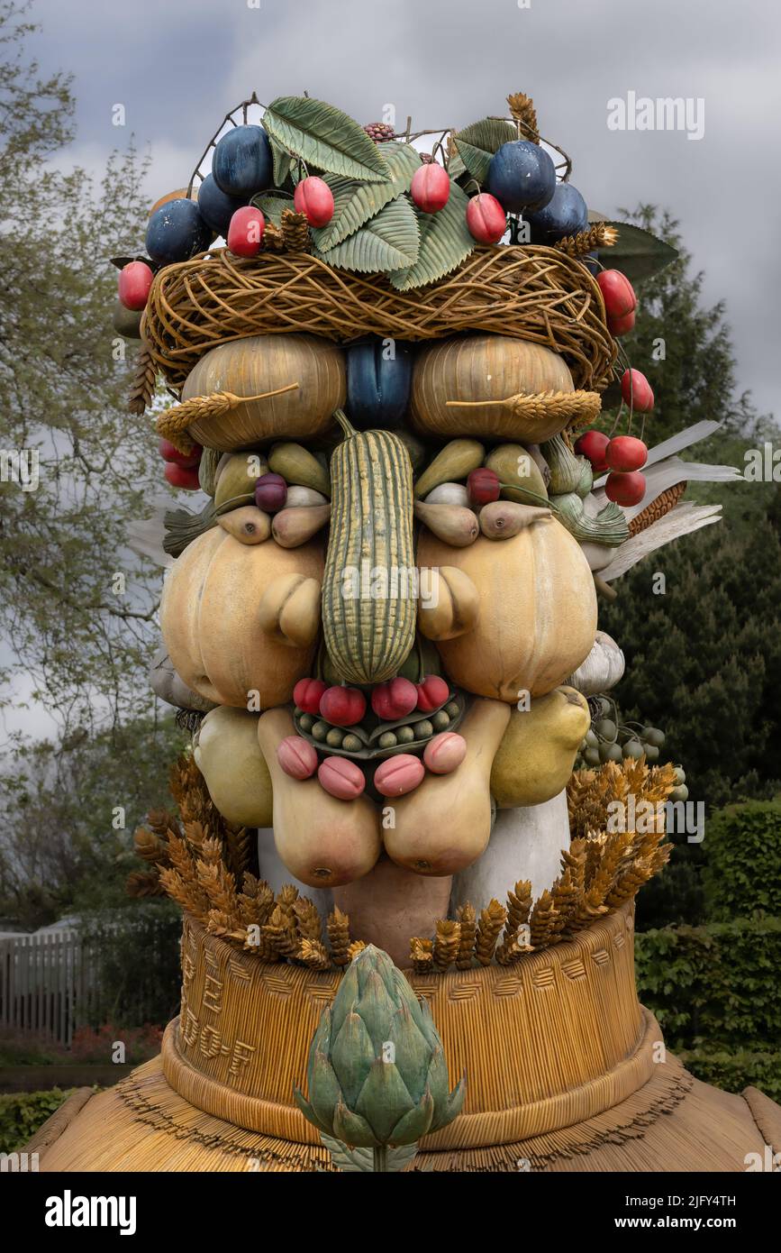 Unusual Sculpture of a head formed of a collection of seasonal vegetables at RHS Royal horticultural society garden Harlow Carr from artist Philip Haa Stock Photo