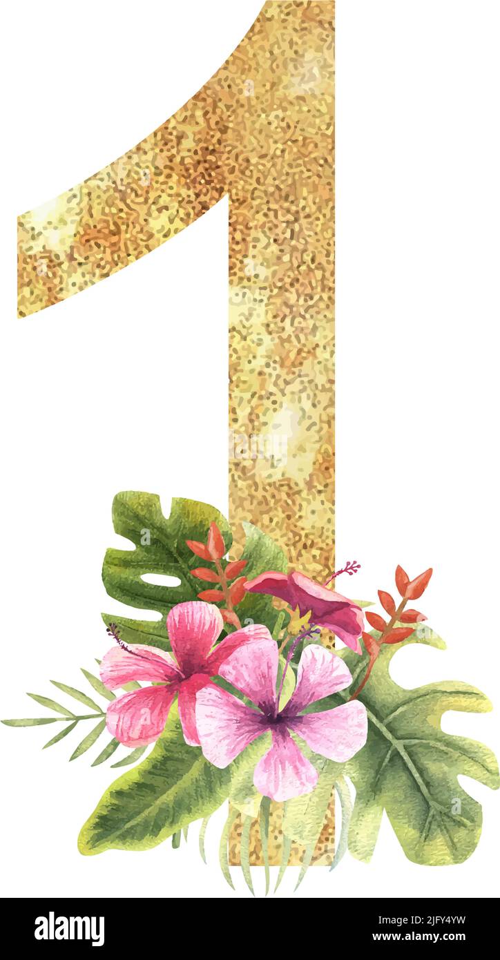 Golden number 1 with with a watercolor bouquet of tropical leaves and  flowers on a white isolated background. Hand-drawn vector illustration  Stock Vector Image \u0026 Art - Alamy, image size:724x1390