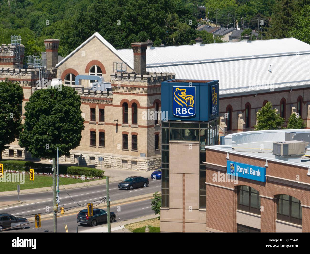 An aerial view of an RBC branch, Royal Bank of Canada, in an urban area, city centre. Stock Photo
