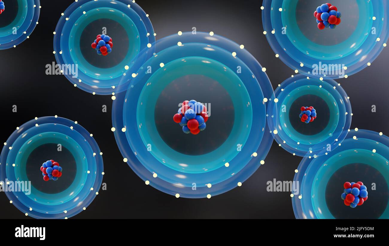 Atom anatomy, Atomic model or structure, electrons orbiting the nucleus particles, Single atom and its electron cloud. Quantum mechanics and atomic, N Stock Photo
