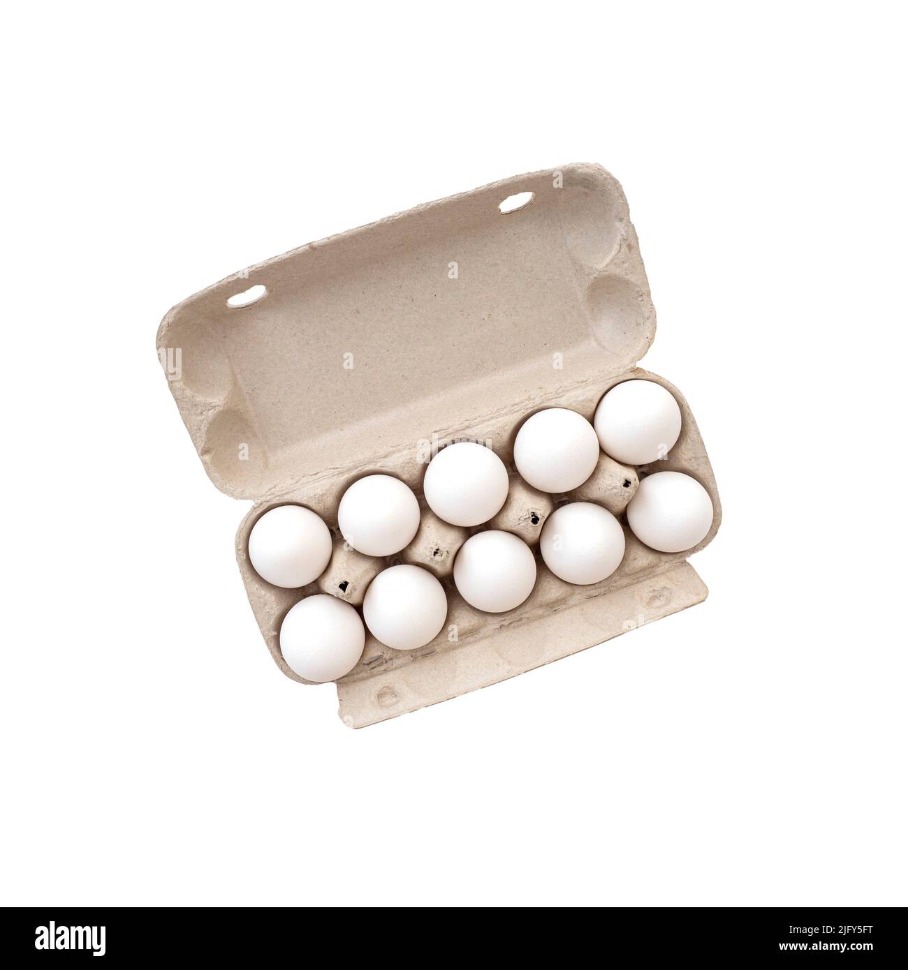 Ten chicken eggs in cardboard container, package isolated on white, top view Stock Photo