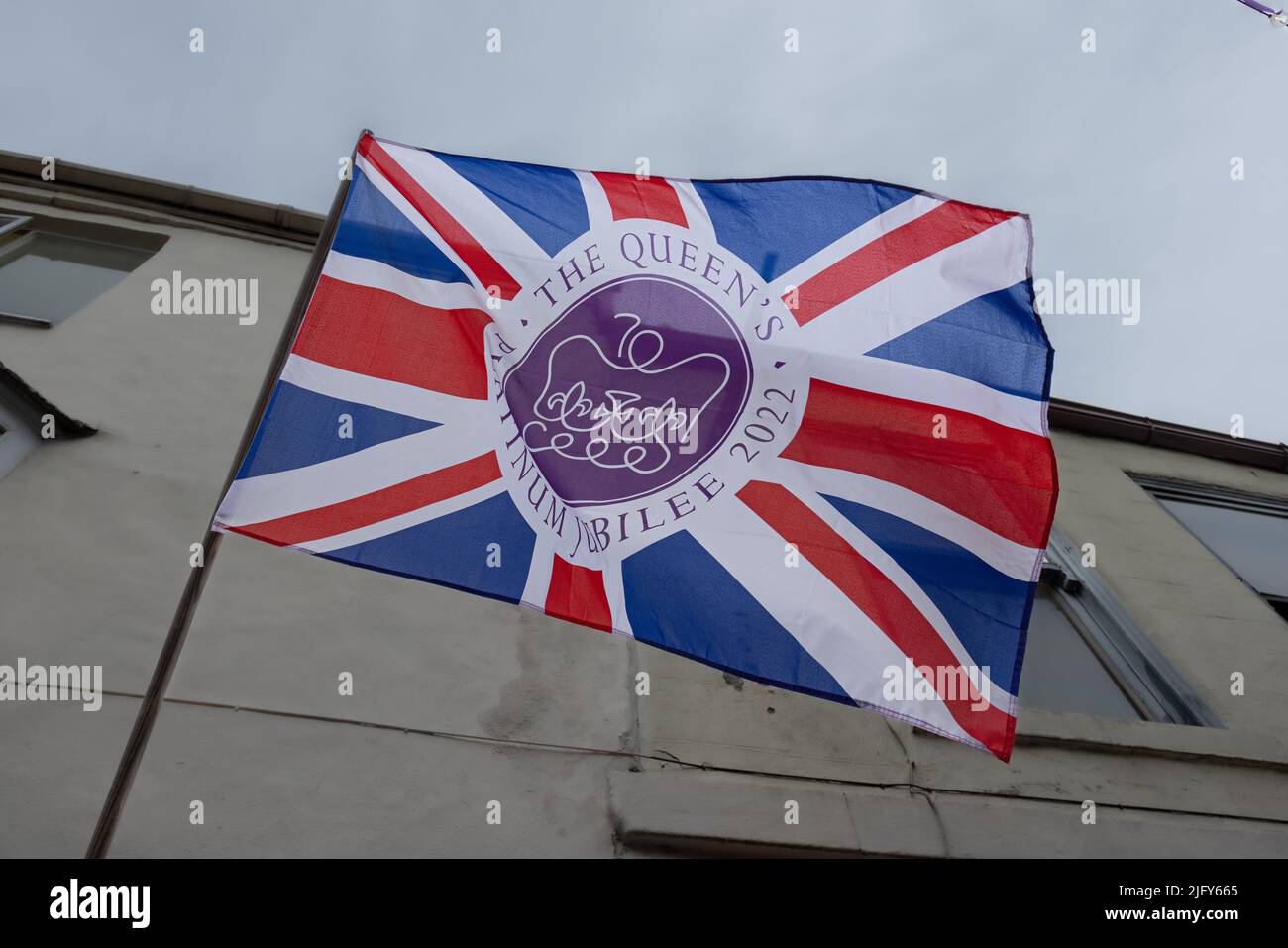 Union Jack flag on side of building for UK Queens Jubilee 2022