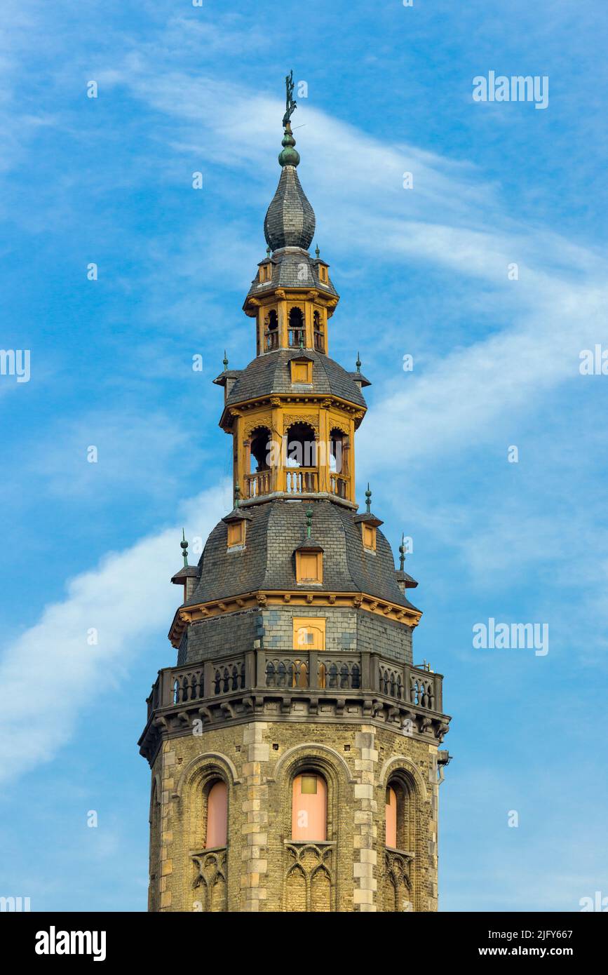 The tower of Saint Walburga church in Medieval Veurne, Flanders, Belgium.  Built in the 16th century. Stock Photo