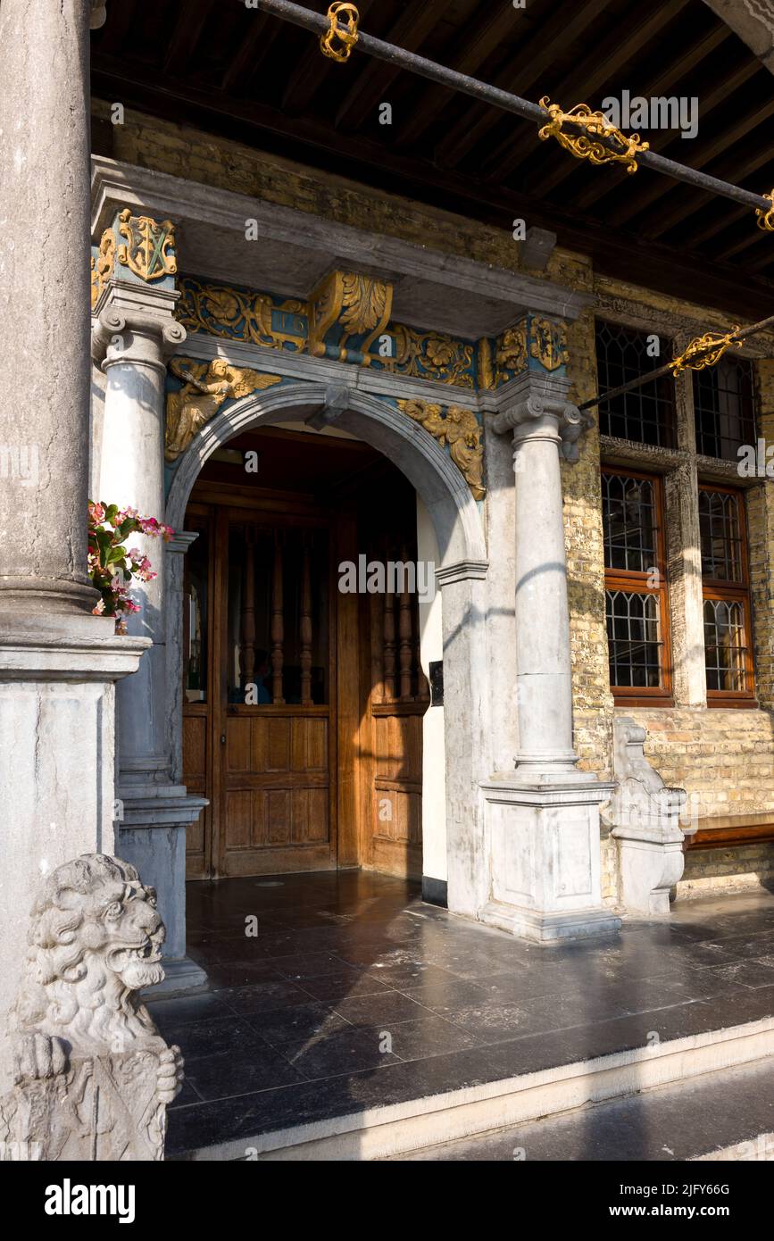 Entrance to the town Hall with Renaissance loggia, Veurne, West Flanders, Flanders, Belgium Stock Photo