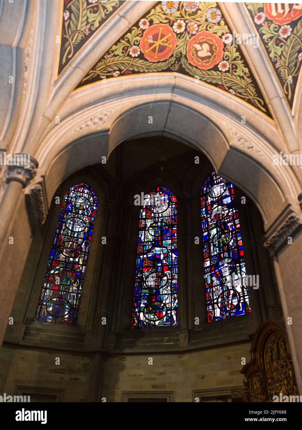 Stained glass in Ypres St. Martin's Cathedral the restored medieval church after its destruction in WWI Stock Photo