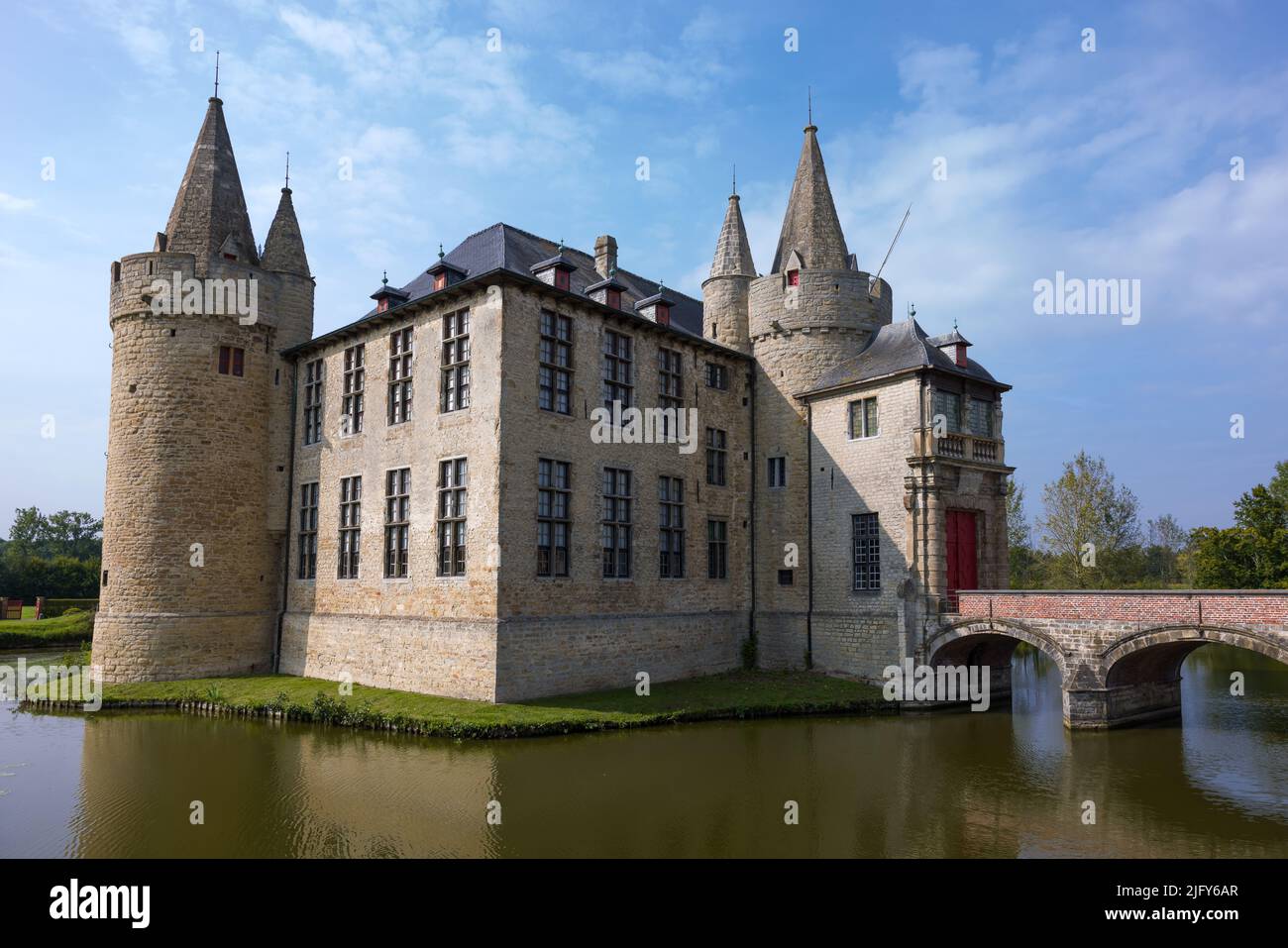 Exterior view of a 14th century medieval castle in the Flemish region of Belgium Stock Photo