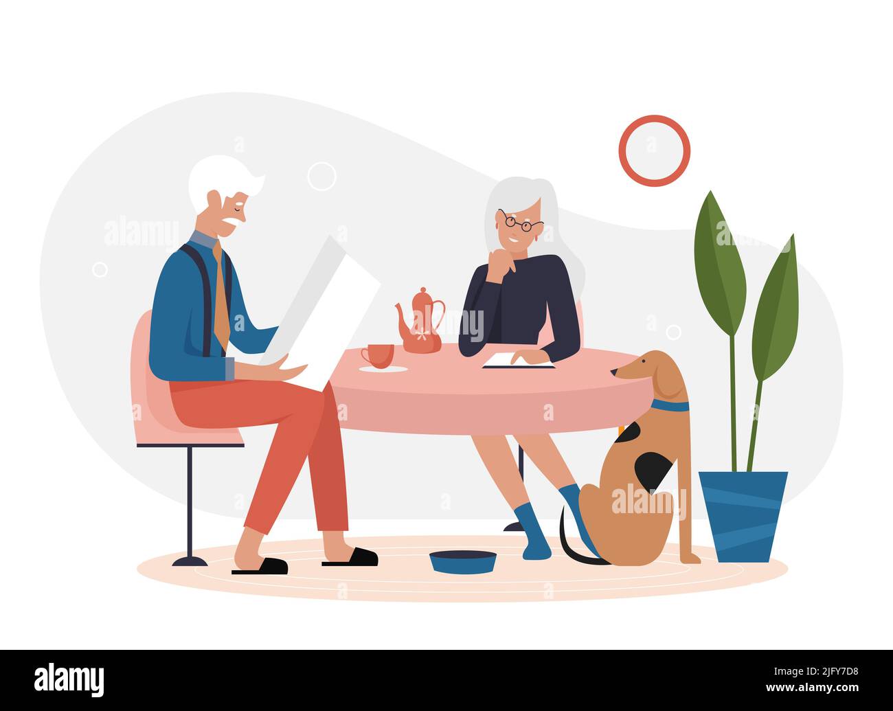 Senior couple having tea break. Elderly reading newspaper and relaxing vector illustration Stock Vector