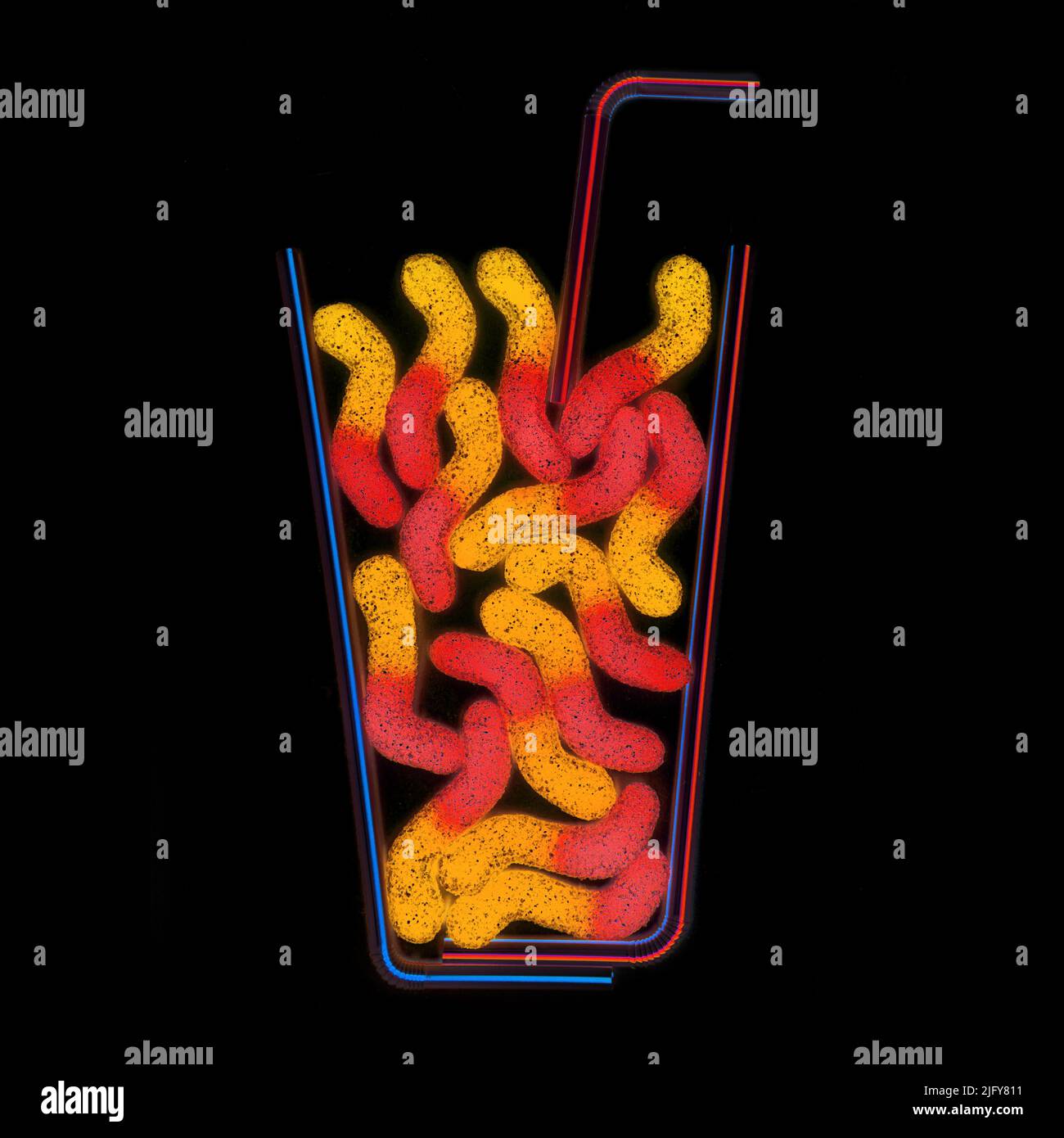 Creative summer cocktail flat lay made from drinking straws and gummy